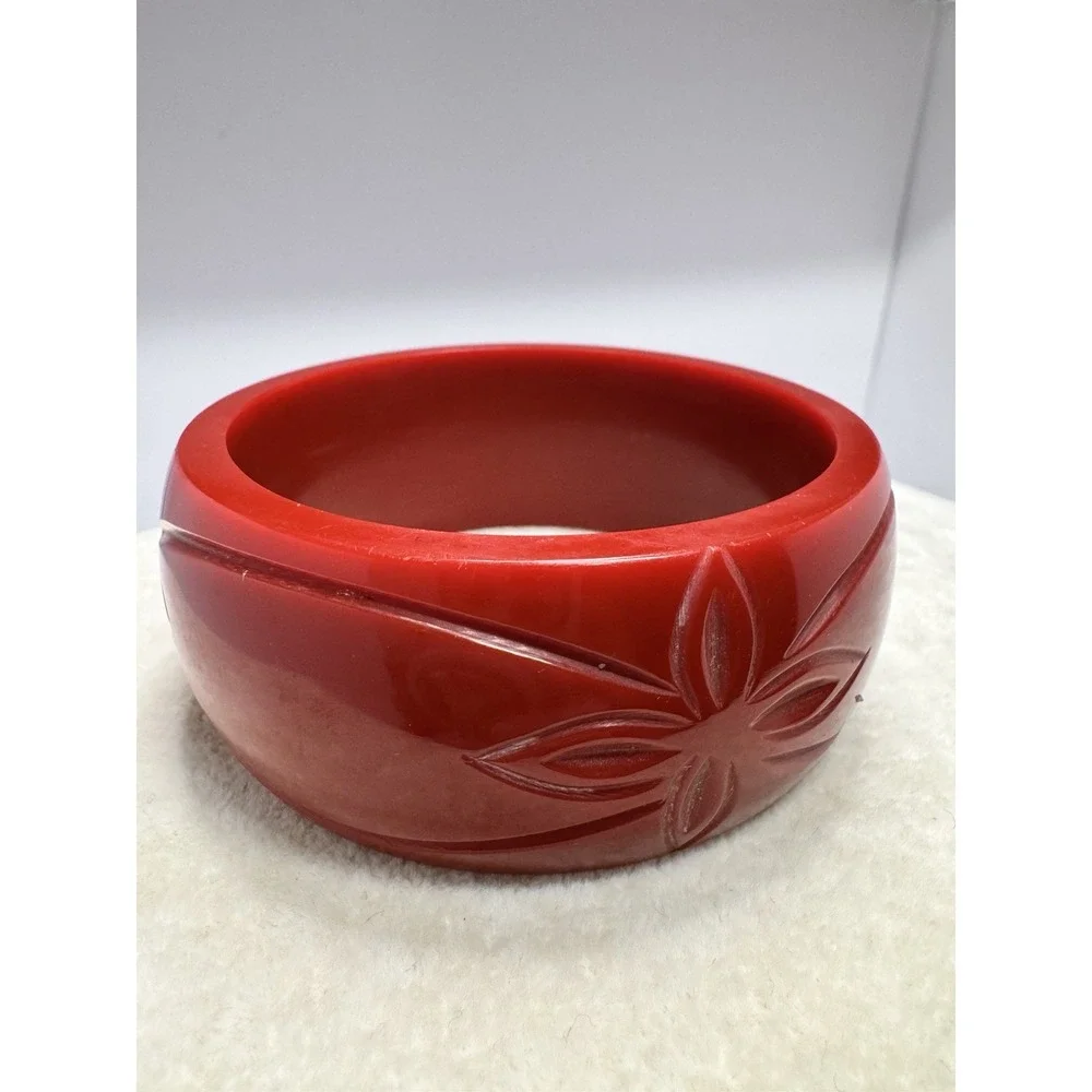 Vintage Carved Red Floral Bangle Bracelet Chunky Wide Domed Statement Jewelry